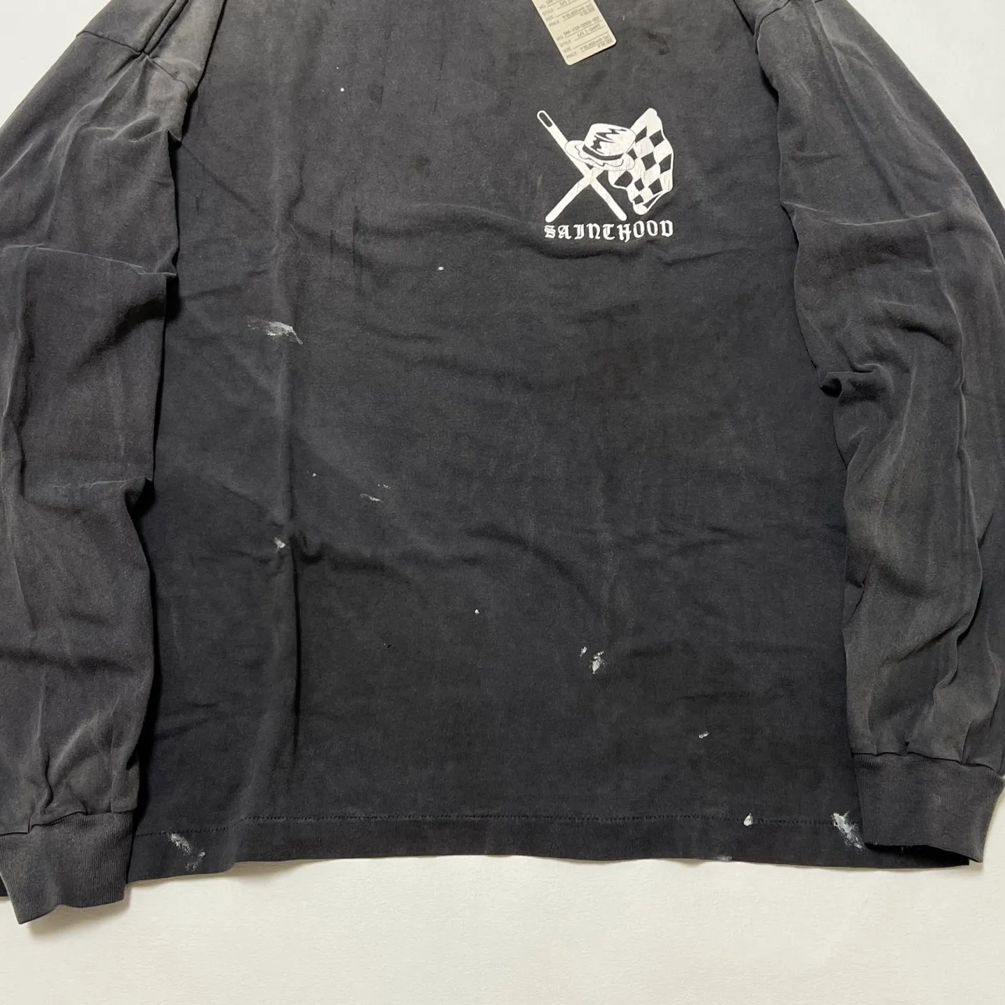 SAINT Mxxxxxx × NEIGHBORHOOD STHD . LS TEE SPEED KILLS/BLK Skull Helmet Long Sleeves Washed Black S-XL Cylindrical Cloth Ready-Made Assute Dyeing Heavy Washing Water Fading Handmade Splashed Ink Holes Simulate Natural Fading and Old Effects Correct Version Customized NBHD Co-branded Accessories Top Purchasing Level